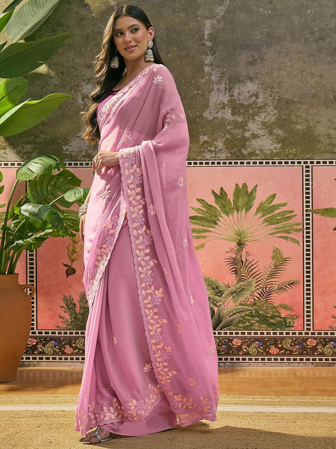 Vasthrlay Georgette Embroidery Peach Saree