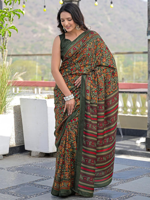 Vasthrlay Womens Printed Unstitched Dark Green Saree