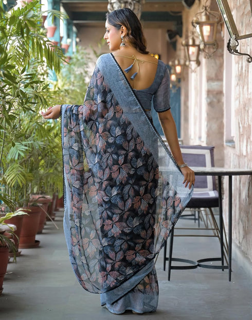 Vasthrlay Chiffon Blouse Grey | Black | Multi Saree With Unstitched Blouse Piece