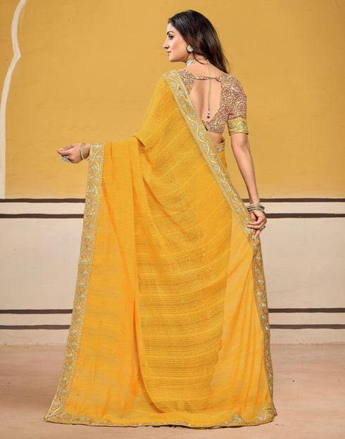 Vasthrlay Georgette Embroidery Yellow Saree With Unstitched Blouse Piece
