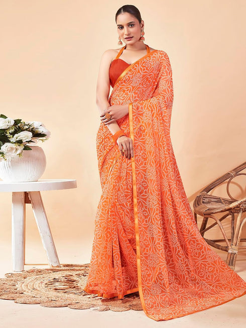 Vasthrlay Chiffon Bandhani Blouse Piece Orange Saree With Unstitched Blouse Piece