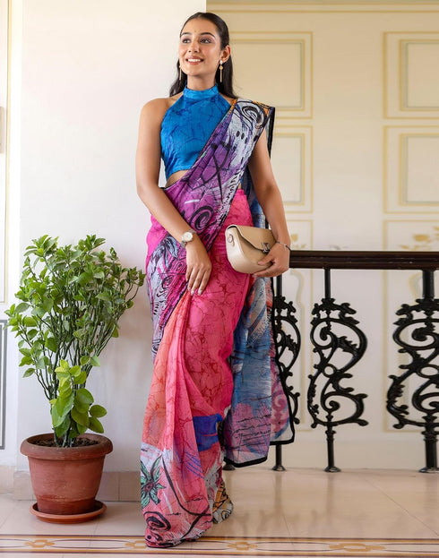 Vasthrlay Womens Printed Unstitched White Saree