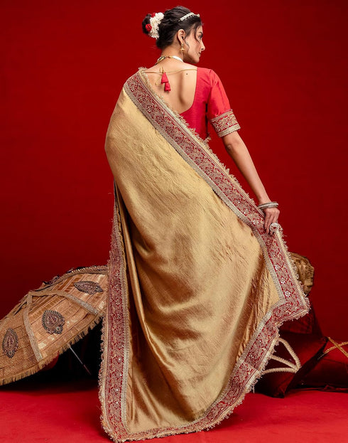 Vasthrlay Vichitra Embroidery Khaki Saree With Red Unstitched Blouse Piece