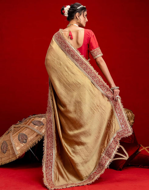 Vasthrlay Vichitra Embroidery Unstitched Red Saree
