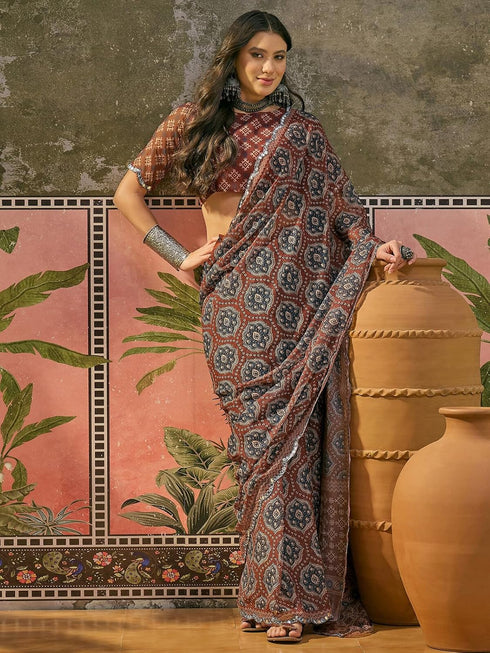 Vasthrlay Georgette Printed Blue Saree