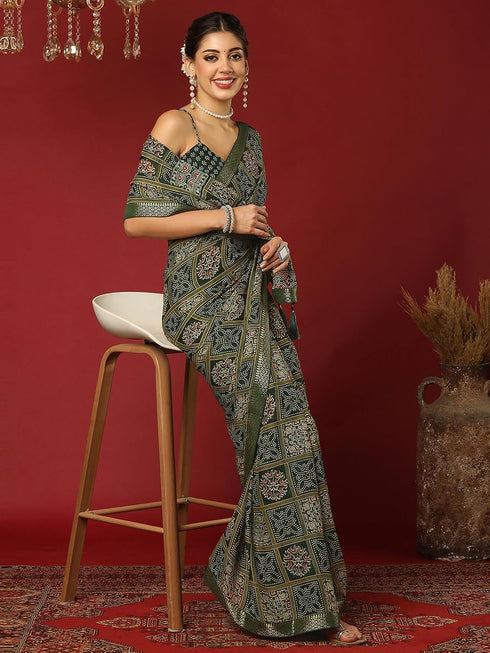 Vasthrlay Georgette Bandhani Dark Green Saree With Unstitched Blouse Piece