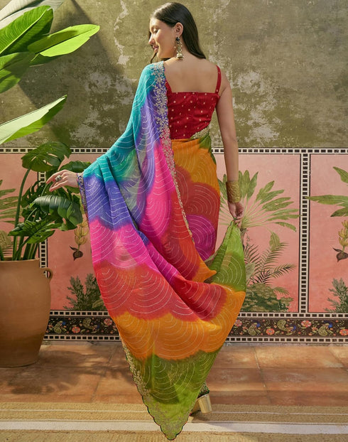 Vasthrlay Scalloped Embroidery Unstitched Lime Green Saree