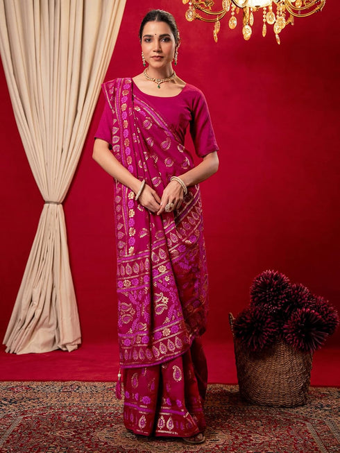 Vasthrlay Vichitra Printed Unstitched Maroon Saree