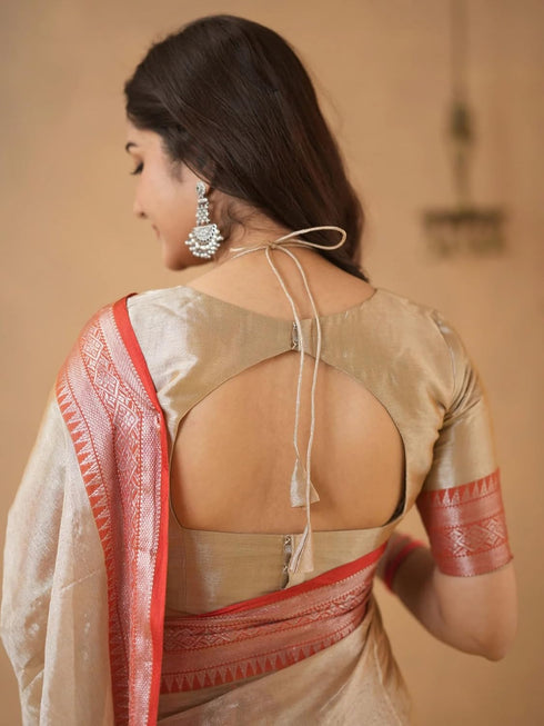 Vasthrlay Handloom Unstitched Beigered Ethnic Wear