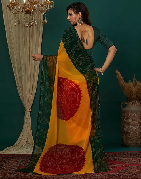 Vasthrlay Georgette Bandhani Unstitched Red Saree