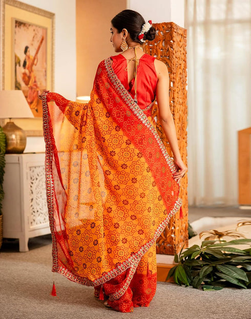 Vasthrlay Georgette Embroidery Yellow Saree With Unstitched Blouse Piece