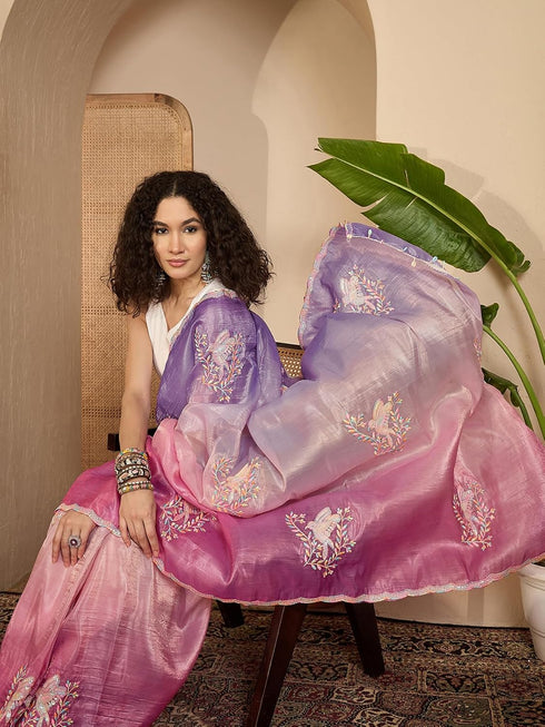 Vasthrlay Sequins Embroidery Orange Saree