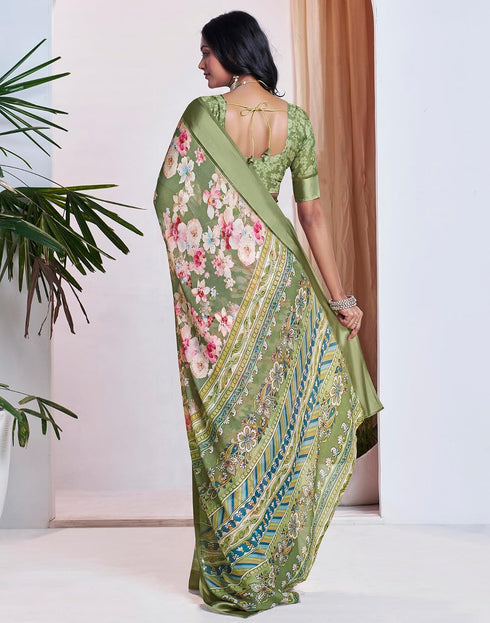 Vasthrlay Georgette Printed Olive Green Saree With Unstitched Blouse Piece