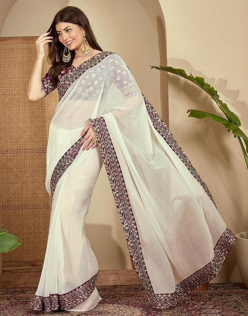 Vasthrlay Embroidery Chiffon Unstitched Off White Saree