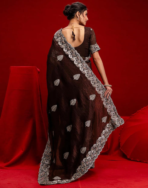 Vasthrlay Embroidery Scalloped Unstitched Maroon Saree