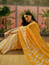 Vasthrlay Womens Printed Yellow Saree With White Unstitched Blouse Piece