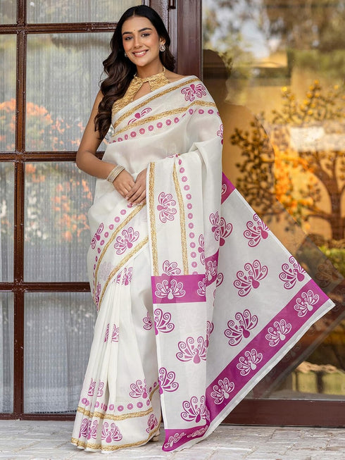 Vasthrlay Shimmer Printed Unstitched Light Green Saree