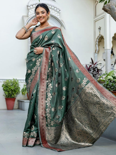 Vasthrlay Banarasi Weaving Unstitched Teal Saree