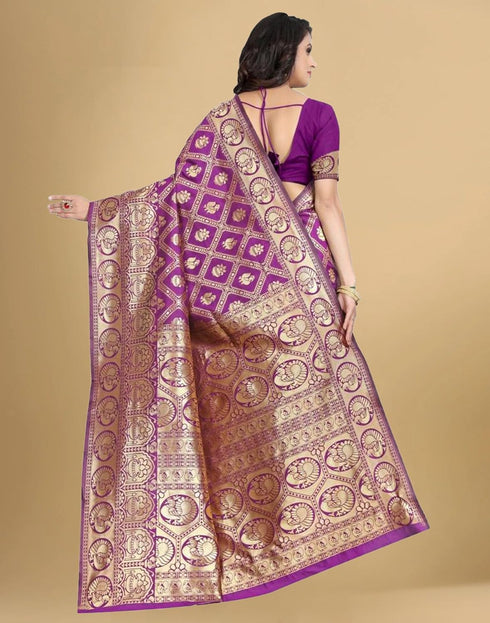 Vasthrlay Banarasi Jacquard Purple Saree With Dark Magenta Unstitched Blouse Piece