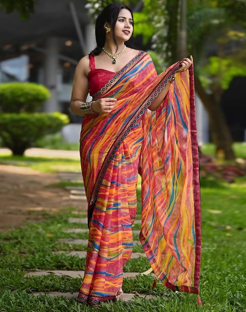 Vasthrlay Chiffon Printed Unstitched Pink Saree