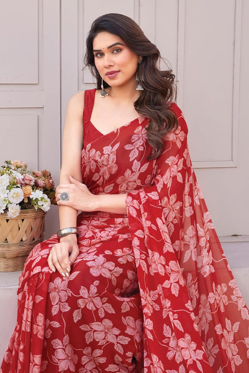 Vasthrlay Fashion Chiffon Printed Red Ethnic Wear
