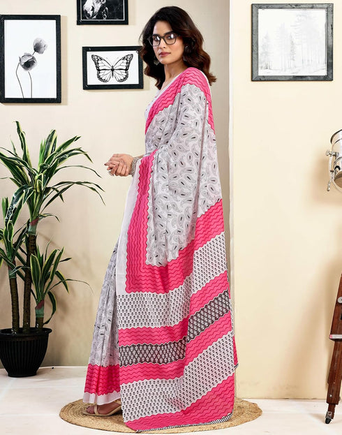 Vasthrlay Womens Printed Unstitched White Saree