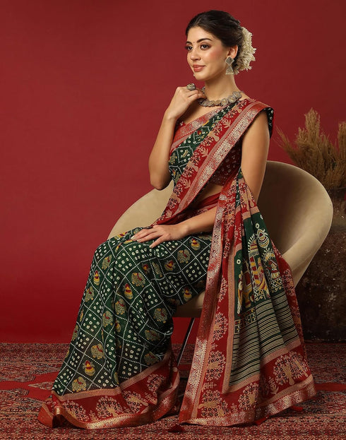 Vasthrlay Georgette Bandhani Dark Green & Maroon Saree With Unstitched Blouse Piece