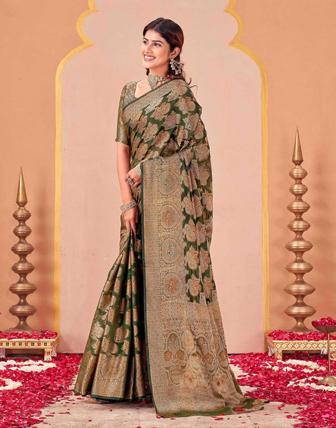 Vasthrlay Kanjivaram Jacquard Unstitched Rama Green Saree