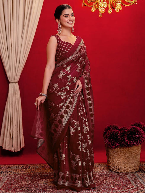 Vasthrlay Georgette Printed Maroon Saree With Unstitched Blouse Piece