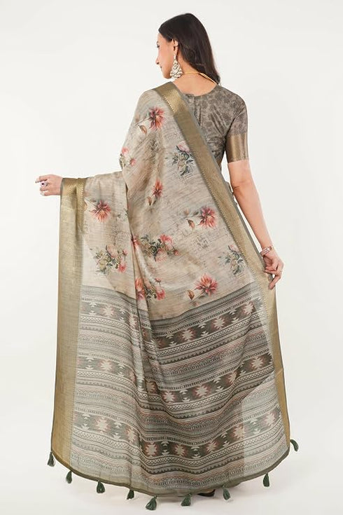 Vasthrlay Off White Textured Polyester Saree With Kalamkari Floral Border And Ruched Unstitched Blouse Piece