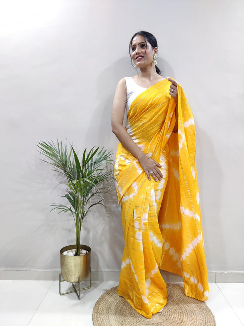 Vasthrlay Yellow Printed Unstitched Saree