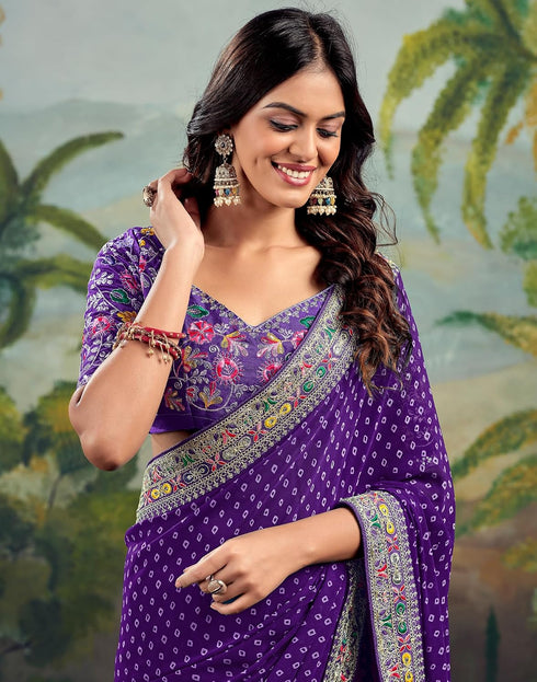 Vasthrlay Georgette Embroidery Purple Saree With Multicolour Unstitched Blouse Piece