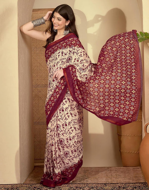 Vasthrlay Womens Printed Unstitched Maroon Saree