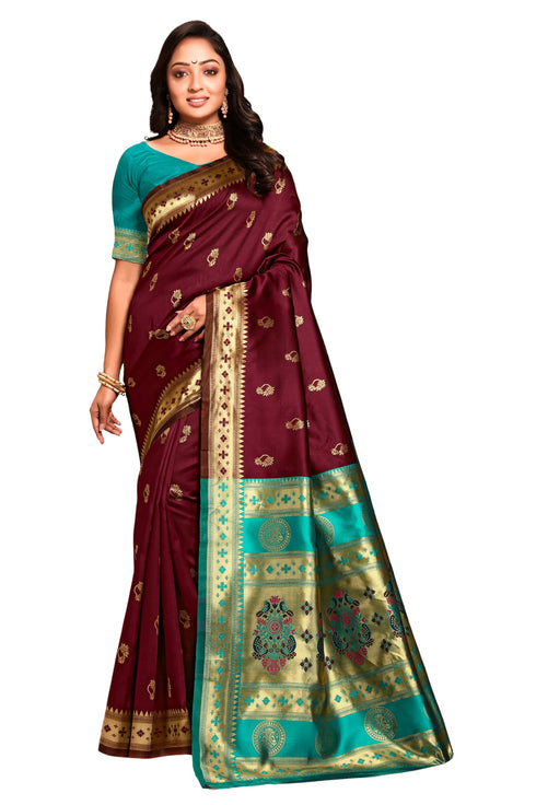 Vasthrlay Kanjivaram Nath Paithani Violet Pink Saree With Blouse Piece