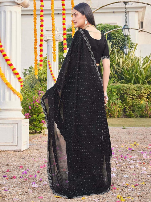 Vasthrlay Georgette Scalloped Unstitched Black Saree