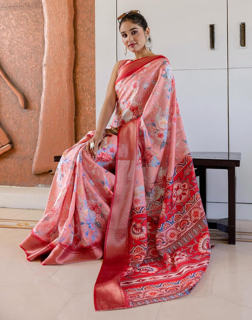 Vasthrlay Womens Printed Red Saree With Unstitched Blouse Piece