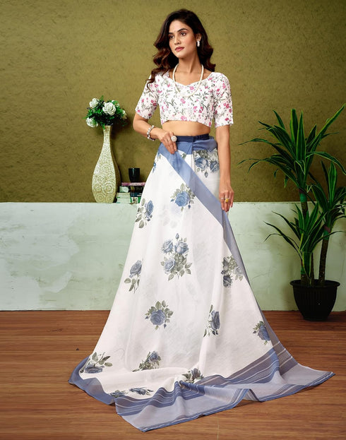 Vasthrlay Chanderi Printed Unstitched Blue Saree