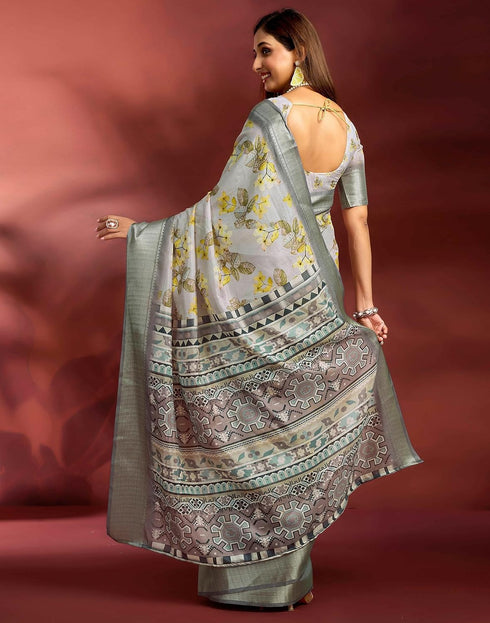 Vasthrlay Printed Jacquard Light Grey Saree With Unstitched Blouse Piece