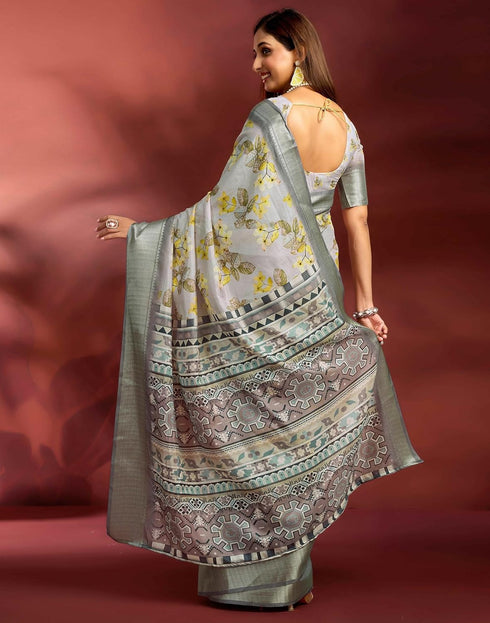 Vasthrlay Printed Jacquard Unstitched Rama Green Saree