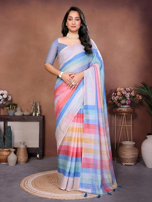 Vasthrlay Multicolour Linen Floral | Striped | Check Design Printed Saree With Solid Unstitched Linen Blouse Piece