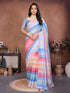 Vasthrlay Multicolour Linen Floral | Striped | Check Design Printed Saree With Solid Unstitched Linen Blouse Piece