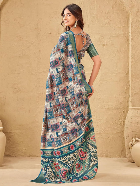 Vasthrlay Printed Jacquard Multicolour And Teal Blue Border Saree With Unstitched Blouse Piece