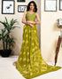 Vasthrlay Womens Printed Green And Off White Saree With Unstitched Blouse Piece