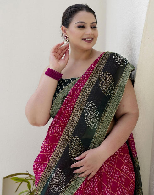 Vasthrlay Chiffon Bandhani Unstitched Pink Saree