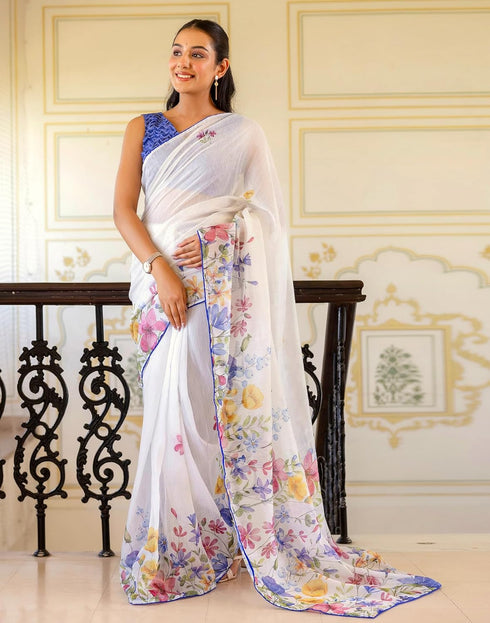 Vasthrlay Womens Printed Unstitched White Saree