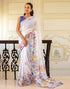 Vasthrlay Womens Printed White And Blue Saree With Unstitched Blouse Piece