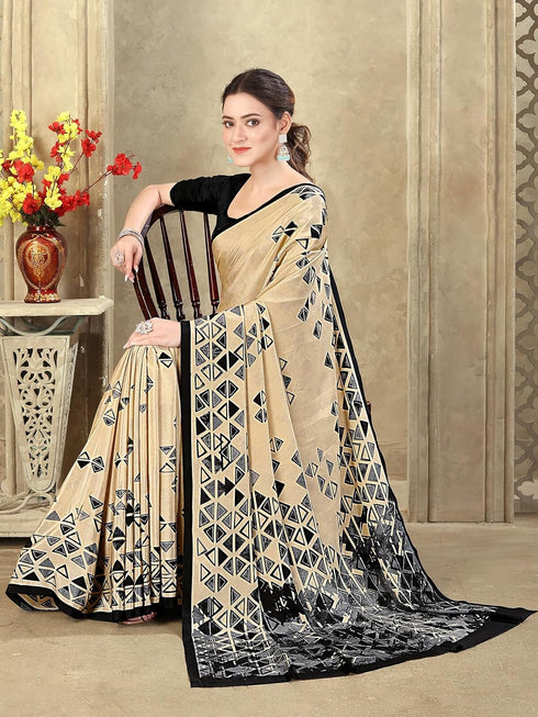 Vasthrlay Womens Printed Dark Beige Saree With Unstitched Blouse Piece