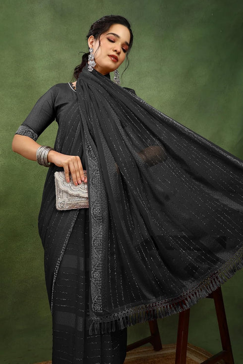 Vasthrlay Fashion Georgette Stripes Navy Ethnic Wear