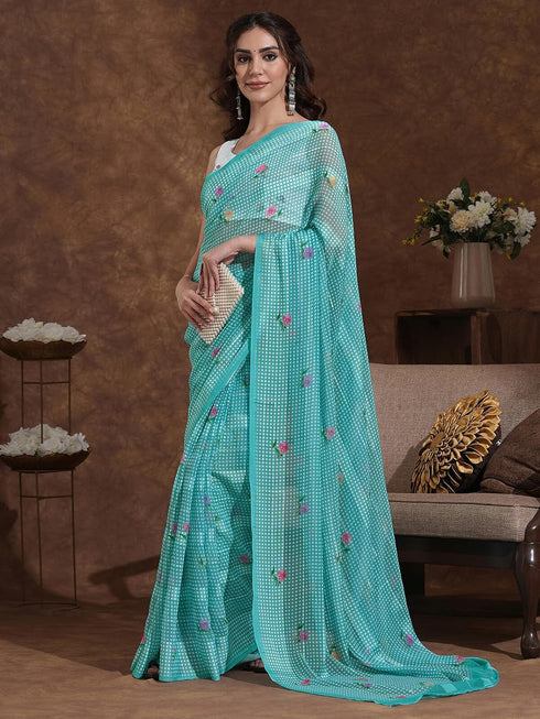 Vasthrlay Shimmer Georgette Light Turquoise Saree With Unstitched Blouse Piece