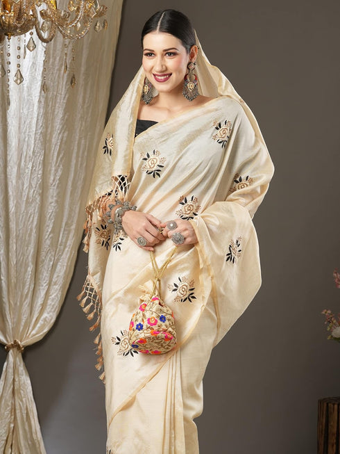 Vasthrlay Embroidered Banarasi Unstitched Cream Ethnic Wear